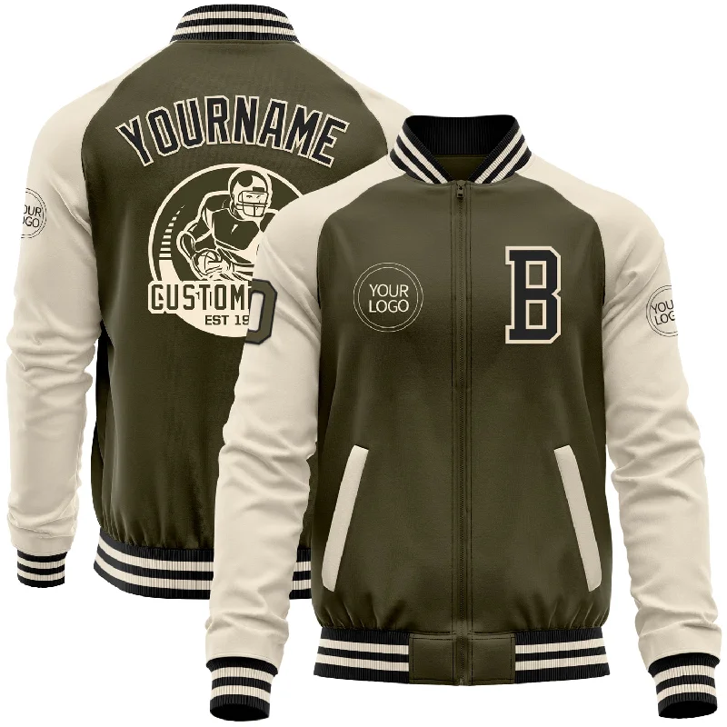 Fishing rod reliable-Custom Olive Black-Cream Bomber Varsity Letterman Two Tone Salute To Service Zipper Jacket