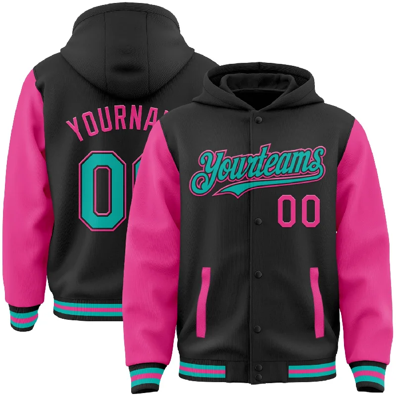 Fishing reel bag-Custom Black Aqua-Pink Bomber Full-Snap Varsity Letterman Two Tone Hoodie Jacket