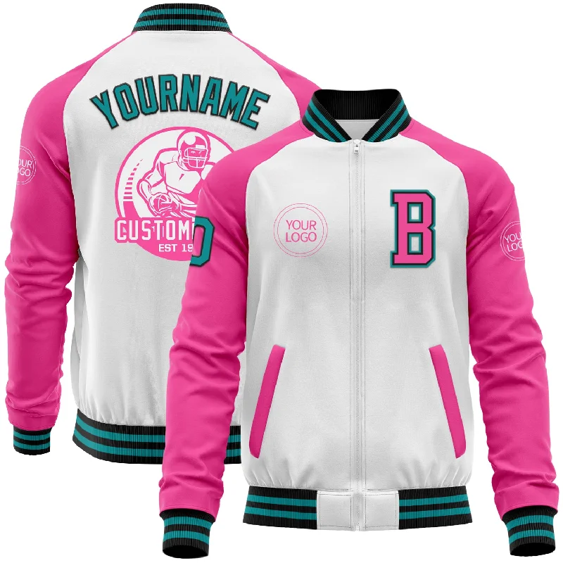 Fishing line crimper-Custom White Teal Black-Pink Bomber Varsity Letterman Two Tone Zipper Jacket