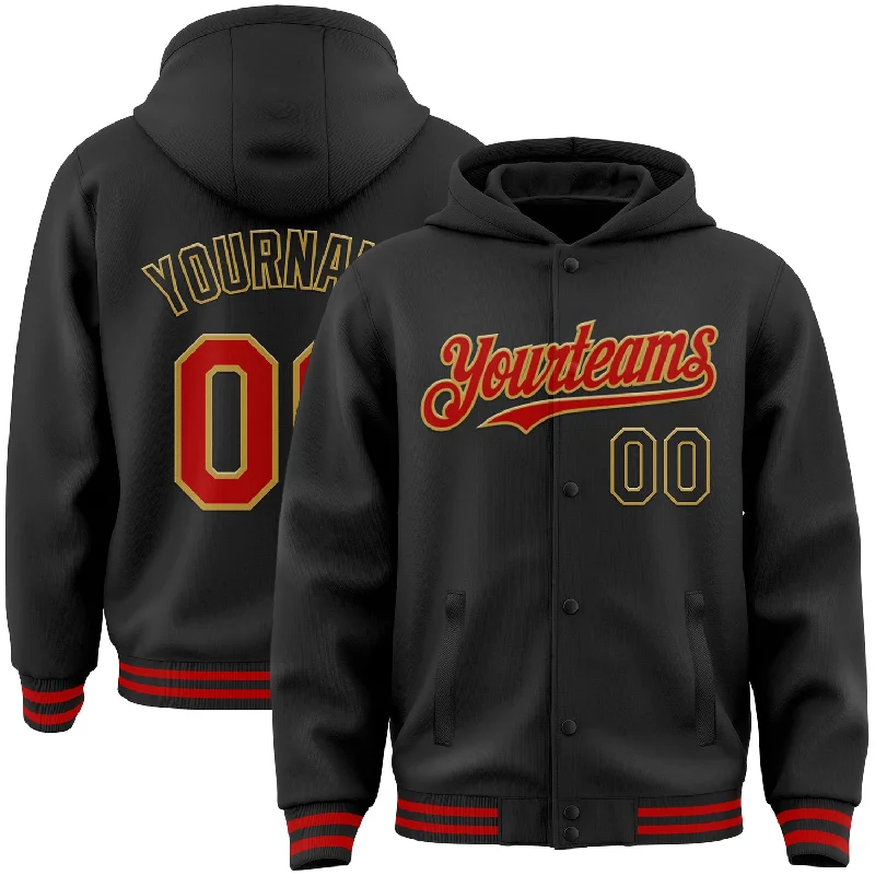 Fishing tackle portable-Custom Black Red-Old Gold Bomber Full-Snap Varsity Letterman Hoodie Jacket