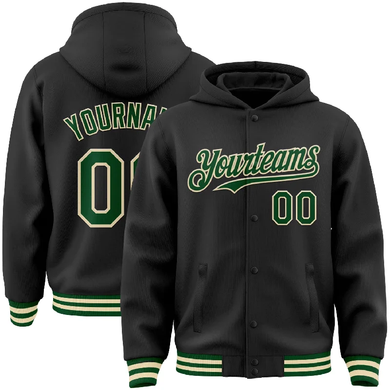 Fishing line quick sink-Custom Black Green-Cream Bomber Full-Snap Varsity Letterman Hoodie Jacket