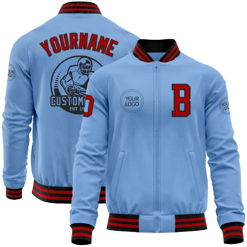 Fishing rod rest-Custom Light Blue Red-Black Bomber Varsity Letterman Zipper Jacket