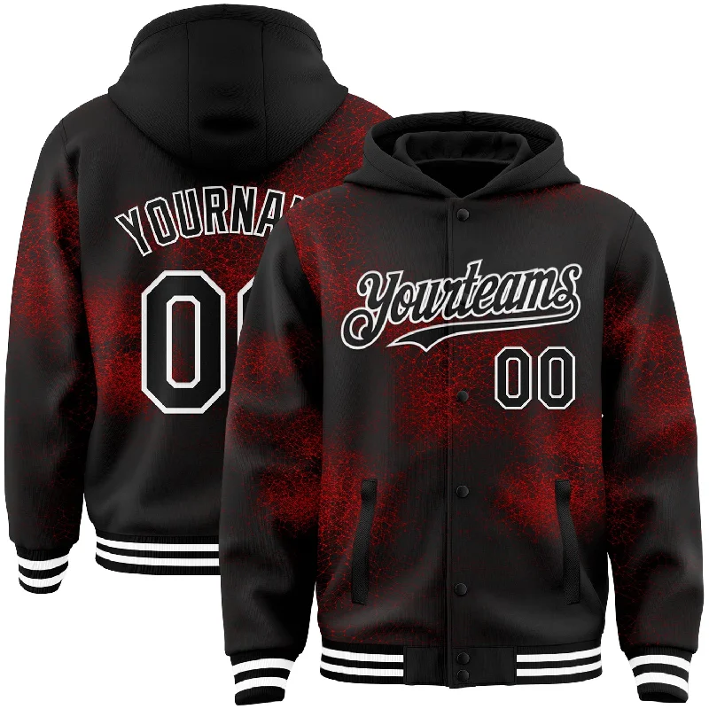 Fishing rod telescopic-Custom Black Red-White Abstract Network 3D Pattern Design Bomber Full-Snap Varsity Letterman Hoodie Jacket