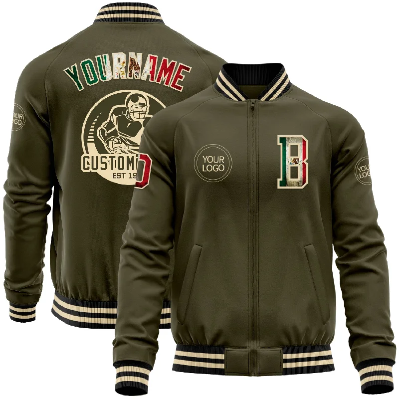 Fishing line colorfast-Custom Olive Vintage Mexican Flag Cream-Black Bomber Varsity Letterman Salute To Service Zipper Jacket