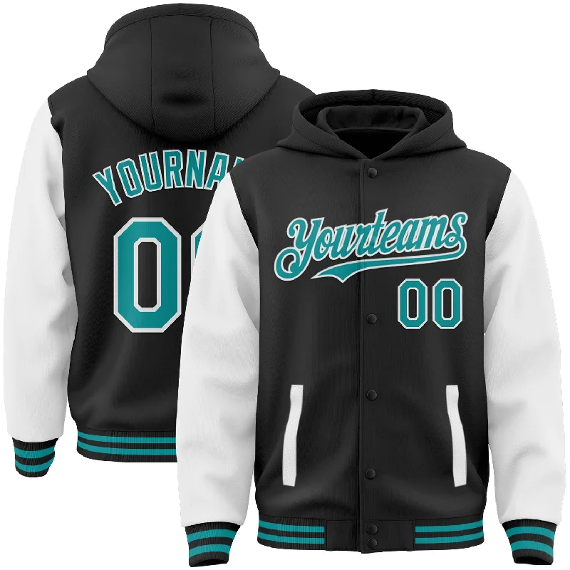 Fishing bait cooler-Custom Black Teal-White Bomber Full-Snap Varsity Letterman Two Tone Hoodie Jacket