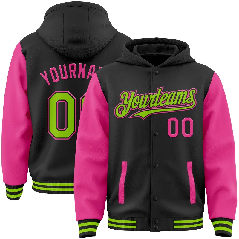 Fishing rod compact travel-Custom Black Neon Green-Pink Bomber Full-Snap Varsity Letterman Two Tone Hoodie Jacket