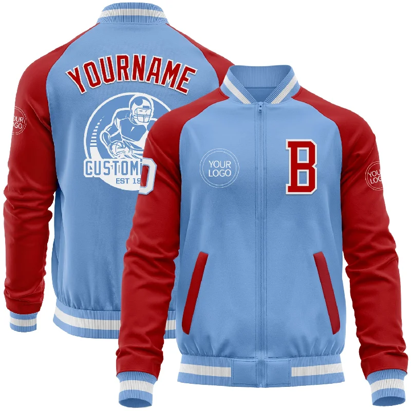 Fishing line colorfast-Custom Light Blue White-Red Bomber Varsity Letterman Two Tone Zipper Jacket