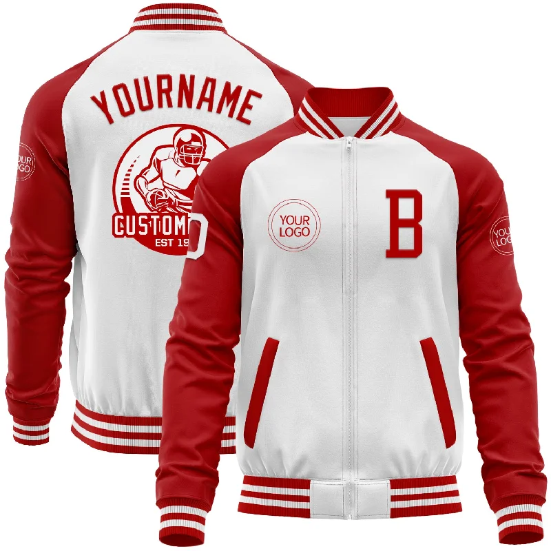 Fishing bait pump-Custom White Red Bomber Varsity Letterman Two Tone Zipper Jacket