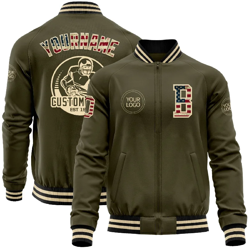 Fishing line low visibility-Custom Olive Vintage USA Flag Cream-Black Bomber Varsity Letterman Salute To Service Zipper Jacket