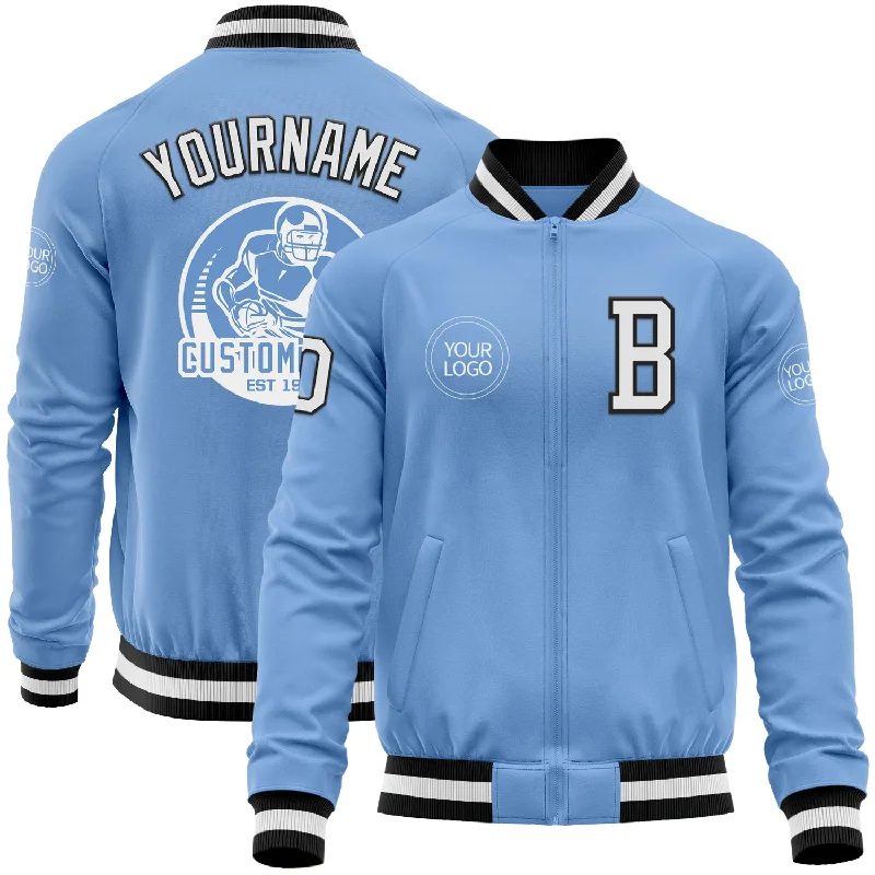 Fly fishing equipment-Custom Light Blue White-Black Bomber Varsity Letterman Zipper Jacket