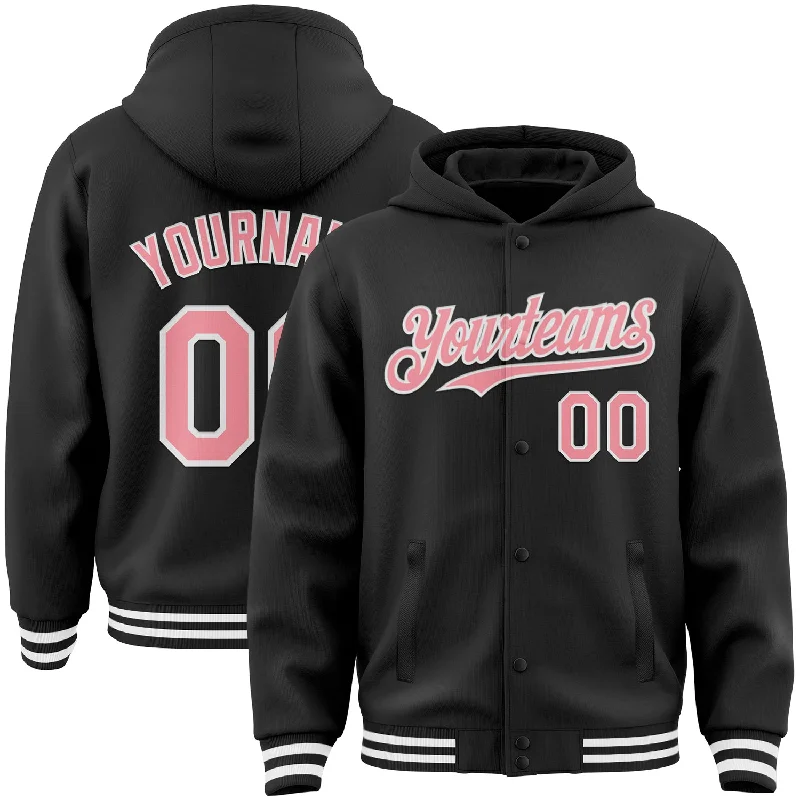 Fishing bait rig tool-Custom Black Medium Pink-White Bomber Full-Snap Varsity Letterman Hoodie Jacket