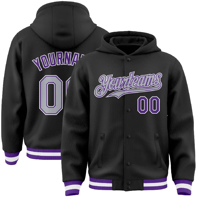 Fishing tackle lightweight case-Custom Black Gray-Purple Bomber Full-Snap Varsity Letterman Hoodie Jacket