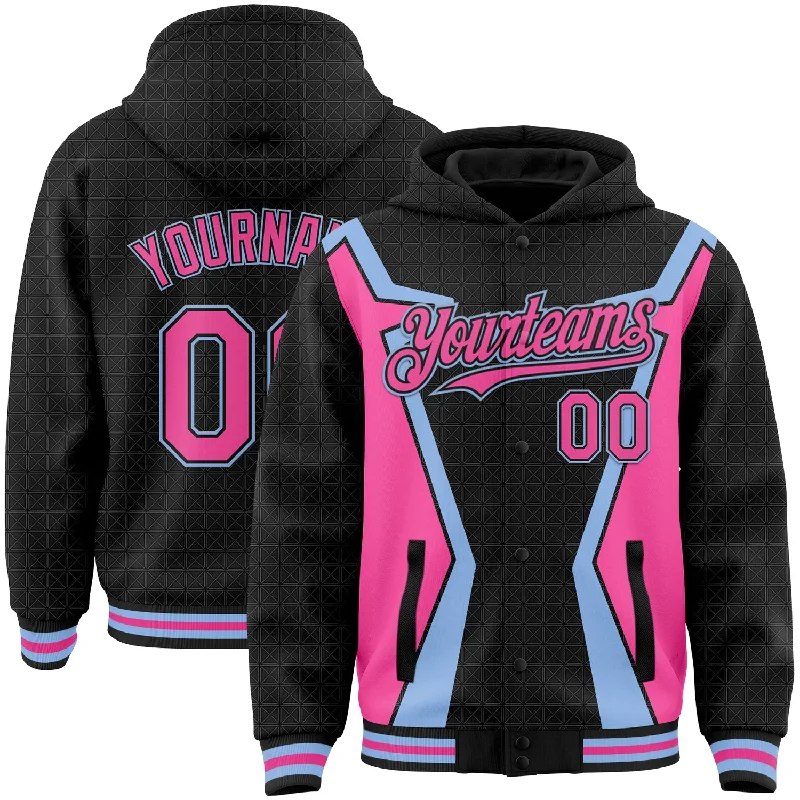 Fishing tackle adjustable-Custom Black Pink-Light Blue Arrow 3D Pattern Design Bomber Full-Snap Varsity Letterman Hoodie Jacket