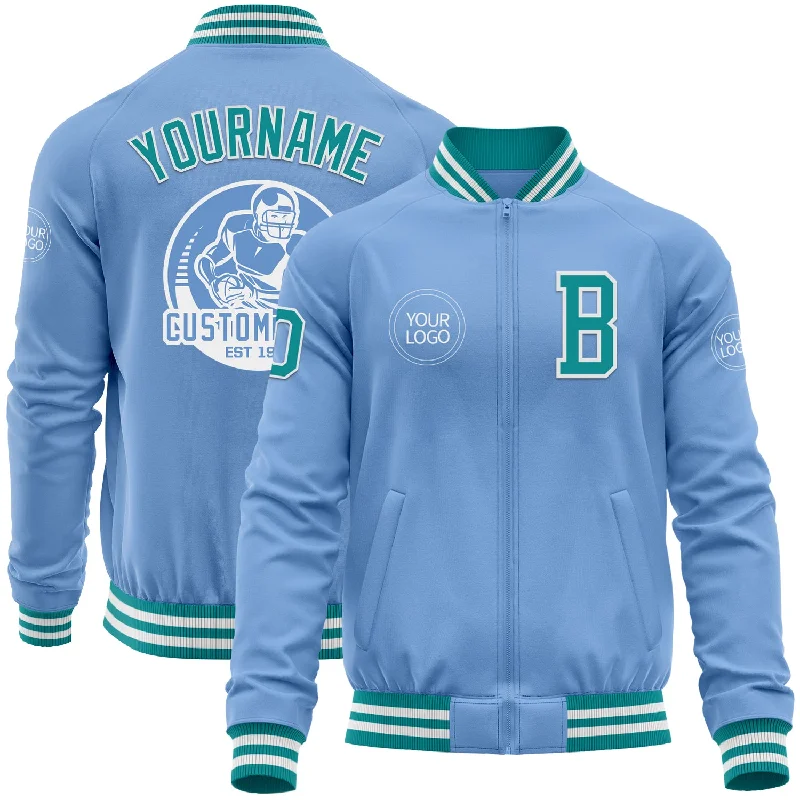 Fishing reel lubricant-Custom Light Blue Teal-White Bomber Varsity Letterman Zipper Jacket