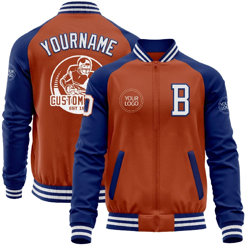 Fishing hook offset-Custom Texas Orange White-Royal Bomber Varsity Letterman Two Tone Zipper Jacket