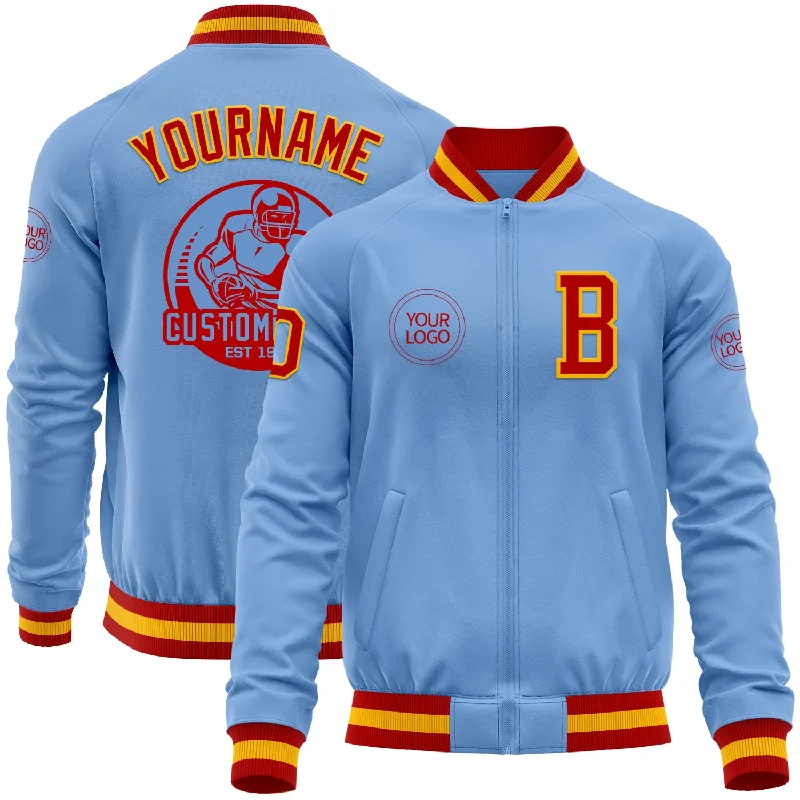 Lightweight fishing rod-Custom Light Blue Red-Gold Bomber Varsity Letterman Zipper Jacket