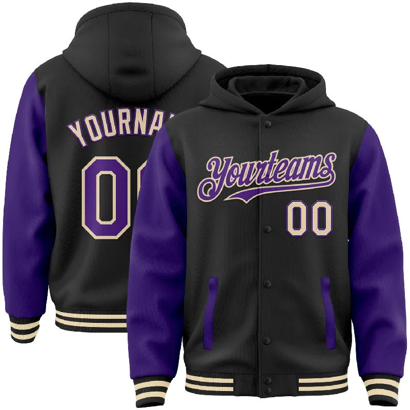 Fishing tackle professional-Custom Black Purple-Cream Bomber Full-Snap Varsity Letterman Two Tone Hoodie Jacket