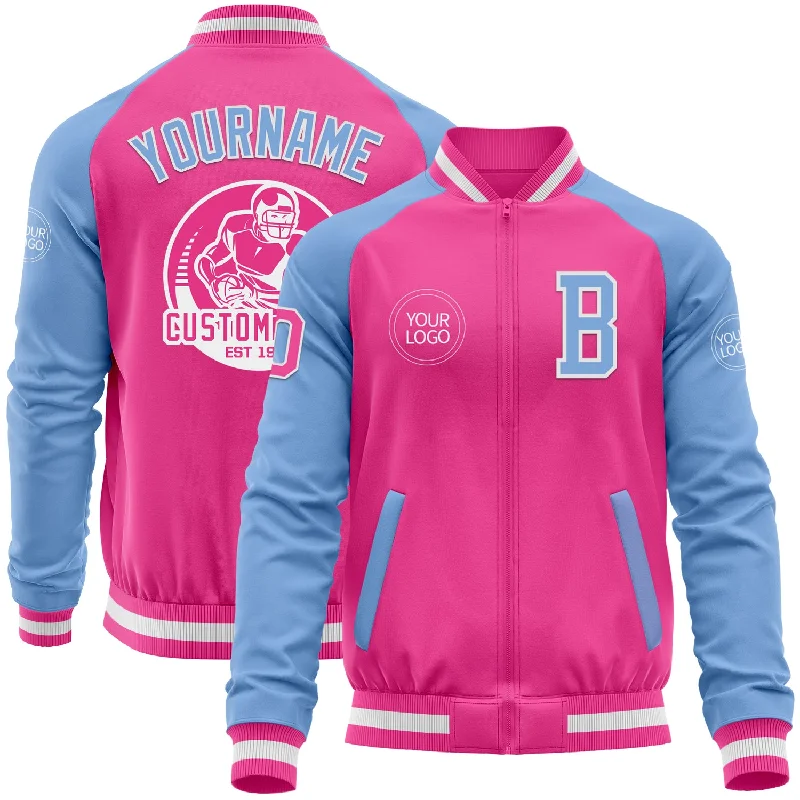 Fishing hook box-Custom Pink White-Light Blue Bomber Varsity Letterman Two Tone Zipper Jacket