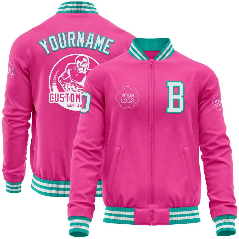 Fishing hook remover tool-Custom Pink White-Aqua Bomber Varsity Letterman Zipper Jacket