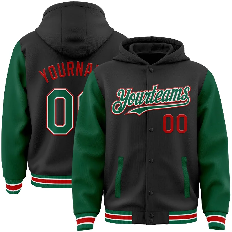 Fishing rod foldable-Custom Black Kelly Green-Red Bomber Full-Snap Varsity Letterman Two Tone Hoodie Jacket