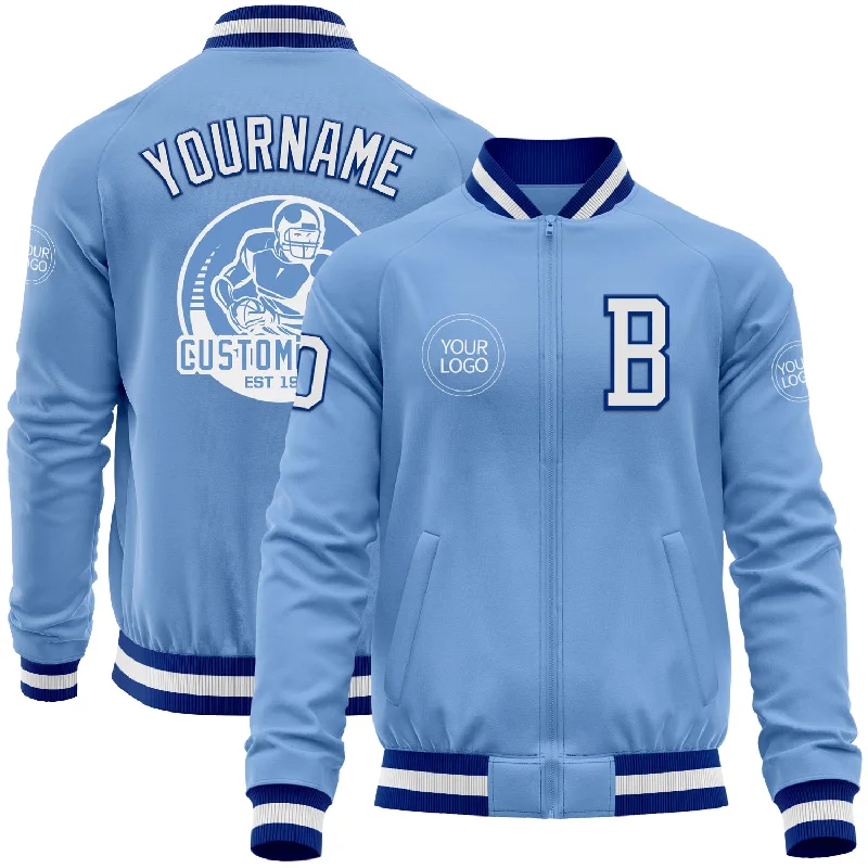 Spinning rod combo-Custom Light Blue White-Royal Bomber Varsity Letterman Zipper Jacket