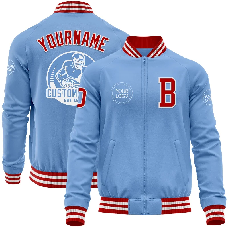 Fishing rod rack-Custom Light Blue Red-White Bomber Varsity Letterman Zipper Jacket