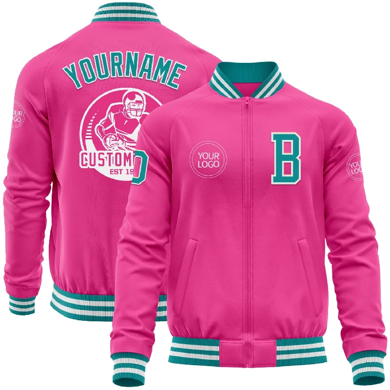 Fishing line braid cutter-Custom Pink Teal-White Bomber Varsity Letterman Zipper Jacket