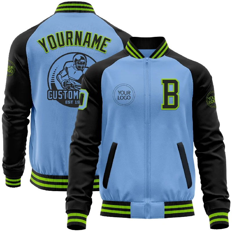 Fishing reel budget combo-Custom Light Blue Neon Green-Black Bomber Varsity Letterman Two Tone Zipper Jacket