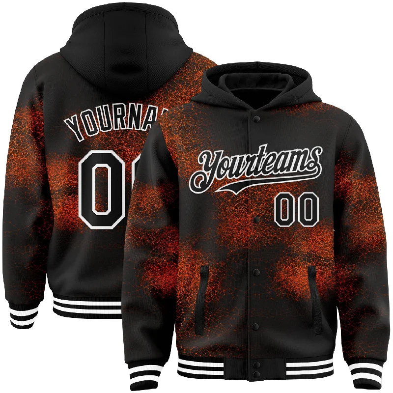 Fishing bait launcher-Custom Black Orange-White Abstract Network 3D Pattern Design Bomber Full-Snap Varsity Letterman Hoodie Jacket