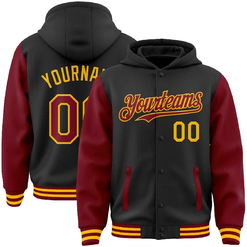 Saltwater fishing gear-Custom Black Crimson-Gold Bomber Full-Snap Varsity Letterman Two Tone Hoodie Jacket