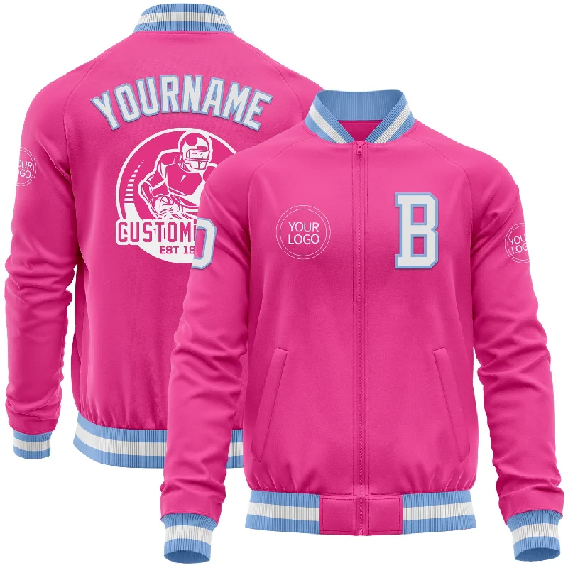 Fishing rod carry case-Custom Pink White-Light Blue Bomber Varsity Letterman Zipper Jacket