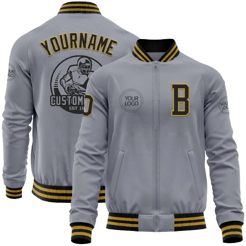 Fishing line long lasting-Custom Gray Black-Old Gold Bomber Varsity Letterman Zipper Jacket