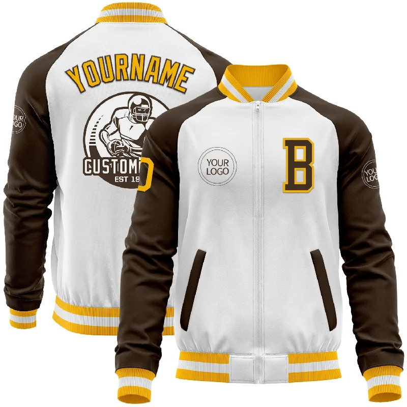 Fishing tackle protective case-Custom White Gold-Brown Bomber Varsity Letterman Two Tone Zipper Jacket