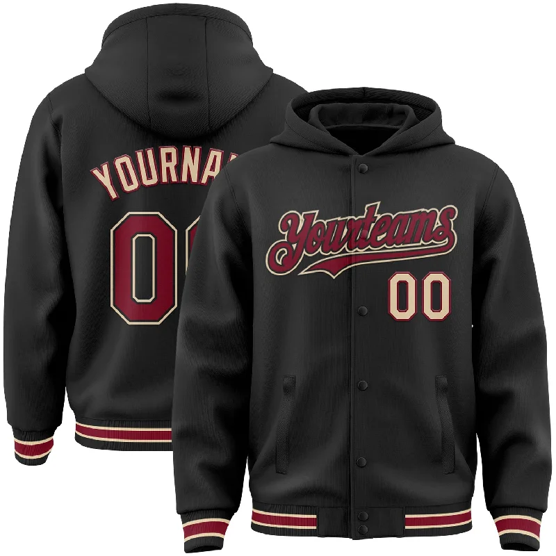 Heavy duty fishing reel-Custom Black Crimson-City Cream Bomber Full-Snap Varsity Letterman Hoodie Jacket