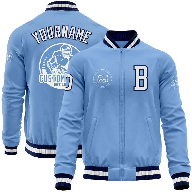 Freshwater fishing tackle-Custom Light Blue White-Navy Bomber Varsity Letterman Zipper Jacket