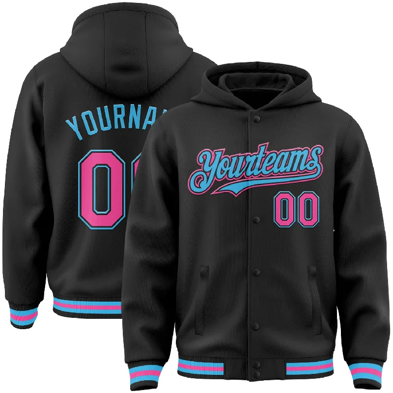 Fishing line shock resistant-Custom Black Pink-Sky Blue Bomber Full-Snap Varsity Letterman Hoodie Jacket