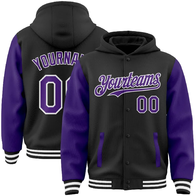 Fishing rod flexibility-Custom Black Purple-White Bomber Full-Snap Varsity Letterman Two Tone Hoodie Jacket