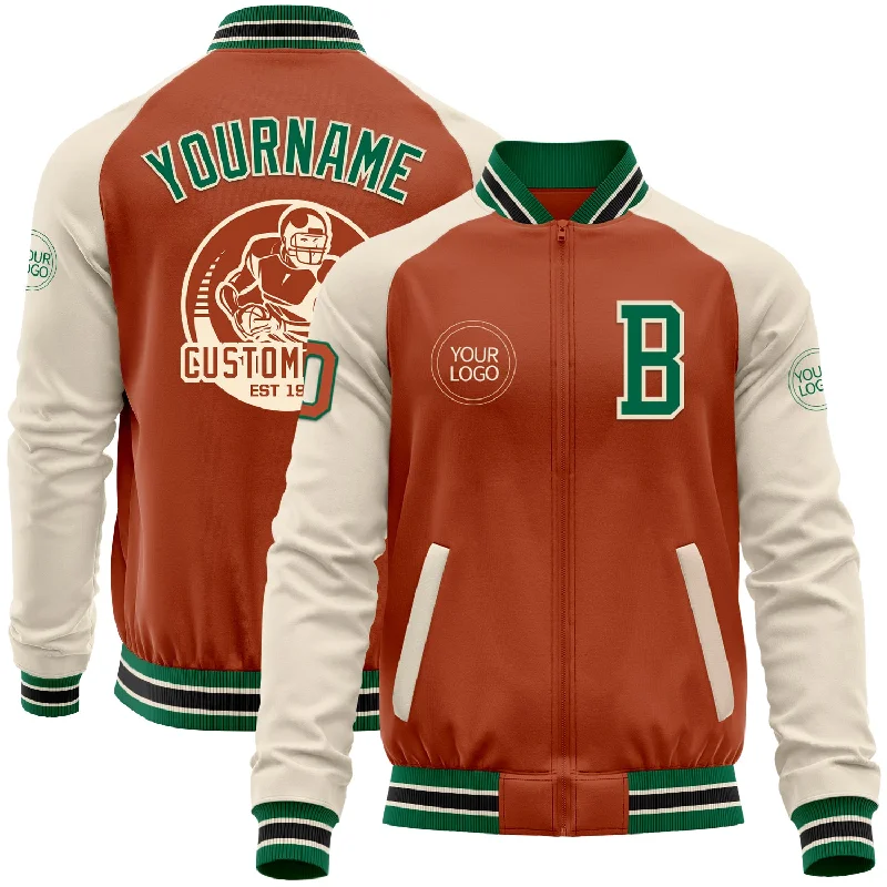 Fishing rod ergonomic-Custom Texas Orange Kelly Green Cream-Black Bomber Varsity Letterman Two Tone Zipper Jacket