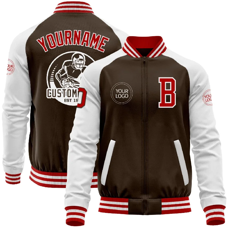 Fishing reel corrosion free-Custom Brown Red-White Bomber Varsity Letterman Two Tone Zipper Jacket