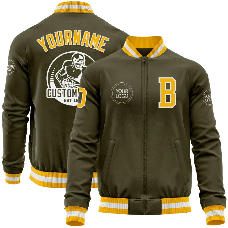 Fishing reel high performance-Custom Olive Gold-White Bomber Varsity Letterman Salute To Service Zipper Jacket