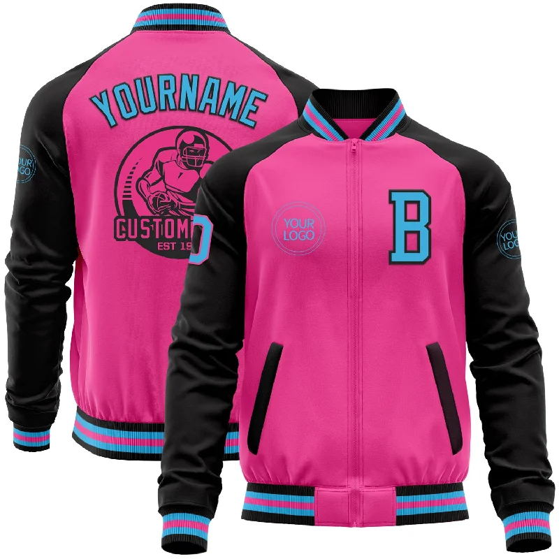 Fishing line weight-Custom Pink Sky Blue-Black Bomber Varsity Letterman Two Tone Zipper Jacket