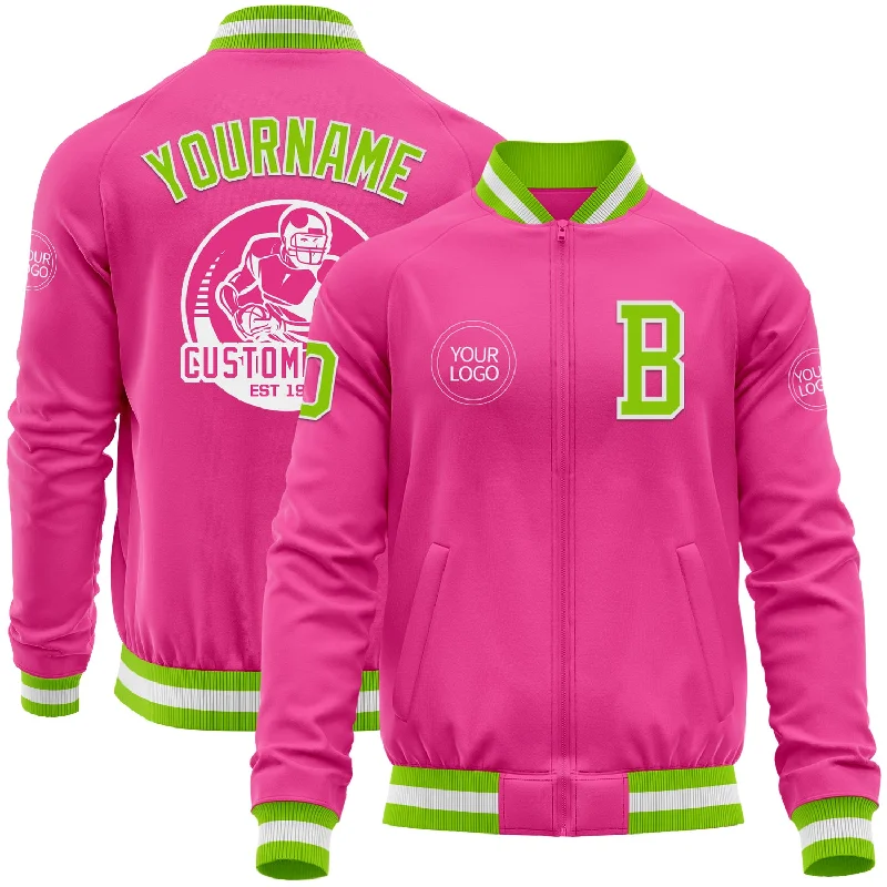 Fishing hook organizer-Custom Pink Neon Green-White Bomber Varsity Letterman Zipper Jacket