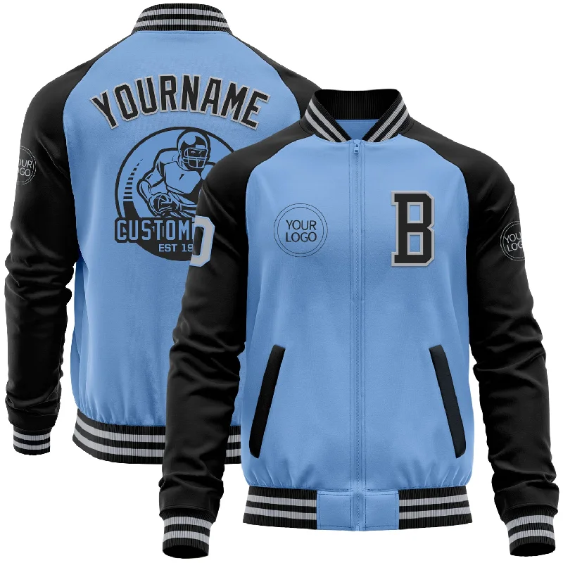 Fishing rod affordable-Custom Light Blue Gray-Black Bomber Varsity Letterman Two Tone Zipper Jacket