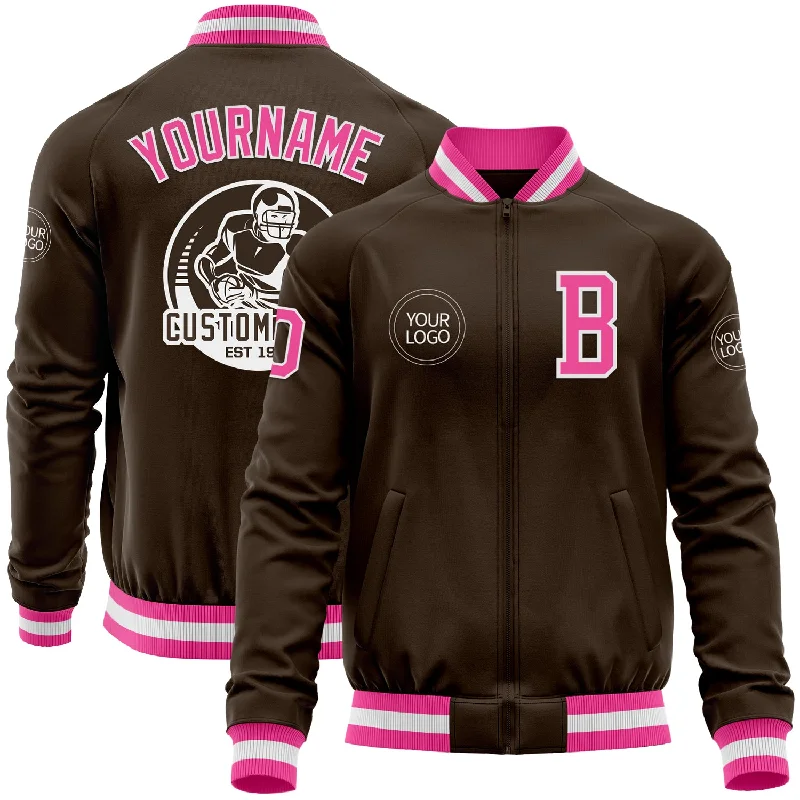 Fishing rod budget-Custom Brown Pink-White Bomber Varsity Letterman Zipper Jacket