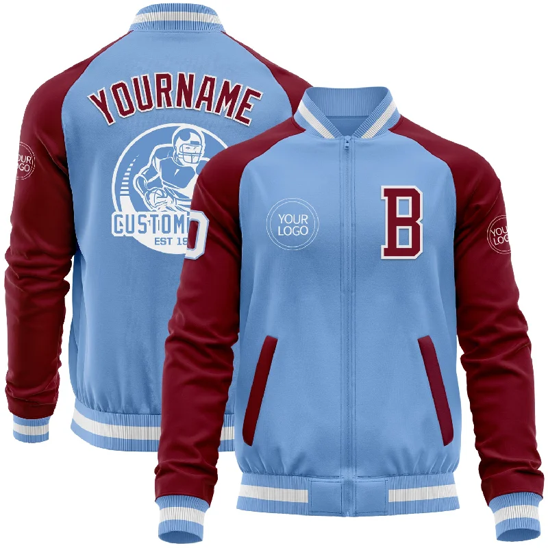 Fishing line low memory-Custom Light Blue White-Crimson Bomber Varsity Letterman Two Tone Zipper Jacket