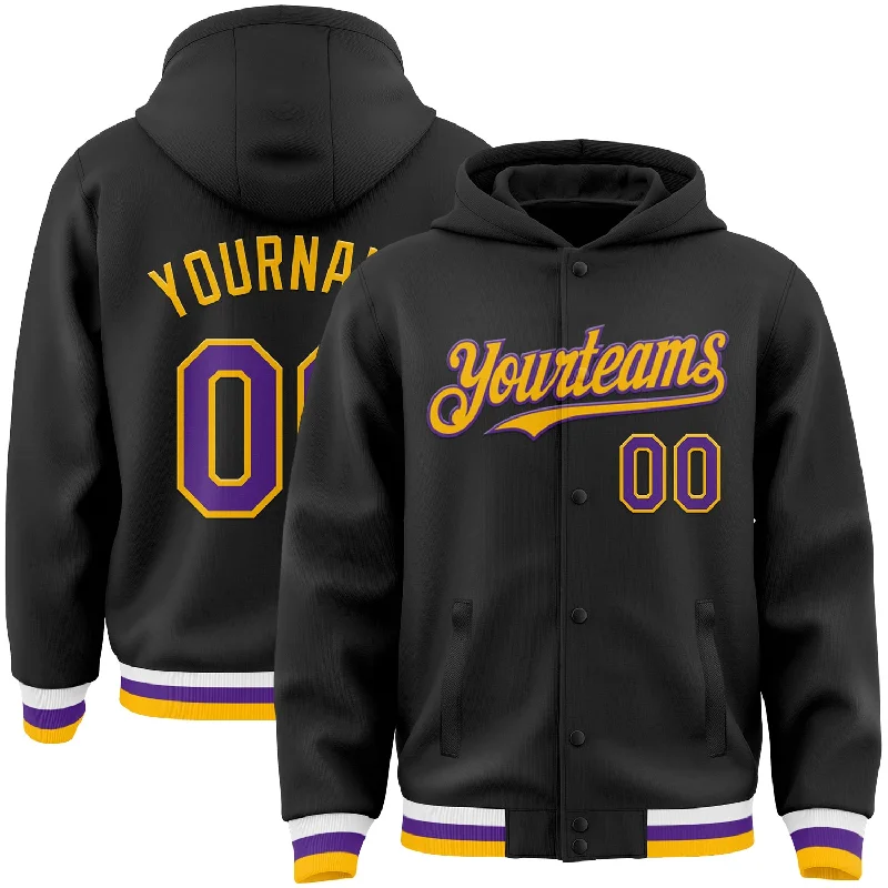 Fishing reel reliable-Custom Black Purple-Gold Bomber Full-Snap Varsity Letterman Hoodie Jacket