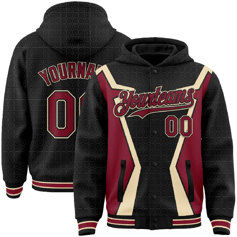 Fishing reel easy spool-Custom Black Crimson-City Cream Arrow 3D Pattern Design Bomber Full-Snap Varsity Letterman Hoodie Jacket