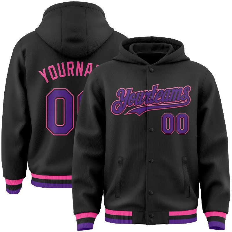 Fishing line breaking strength-Custom Black Purple-Pink Bomber Full-Snap Varsity Letterman Hoodie Jacket