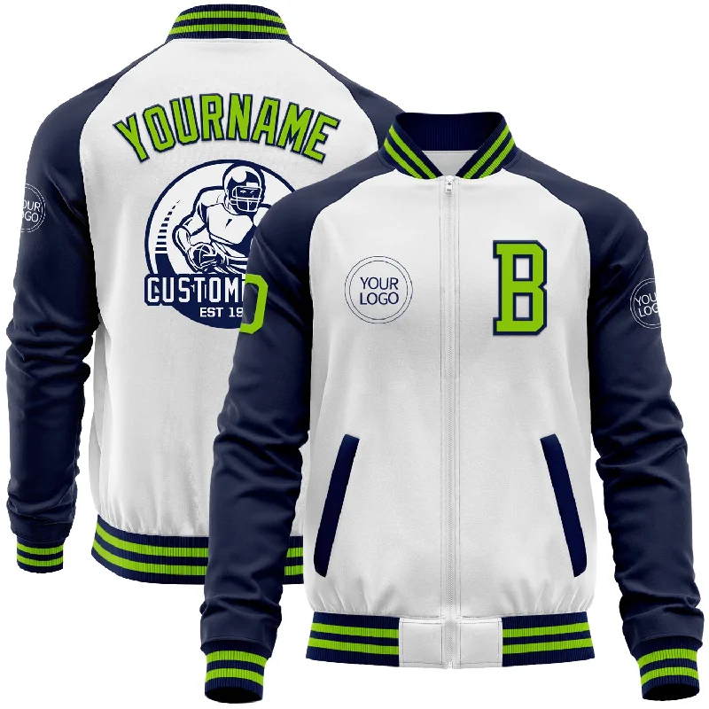 Heavy duty fishing reel-Custom White Neon Green-Navy Bomber Varsity Letterman Two Tone Zipper Jacket