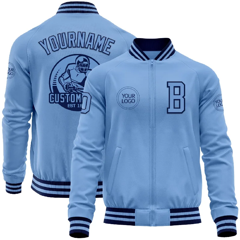 Fishing reel bearings-Custom Light Blue Navy Bomber Varsity Letterman Zipper Jacket